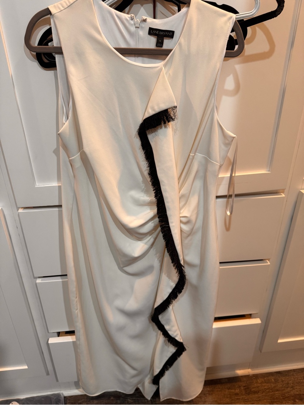 Lane Bryant Ivory Sleeveless Midi Dress with Black Fringe Trim